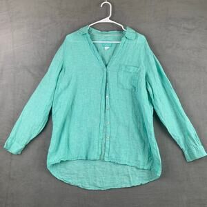 Sigrid Olsen 100% Linen Blue Button Down Blouse Sz XL Coastal Preppy Eurosummer